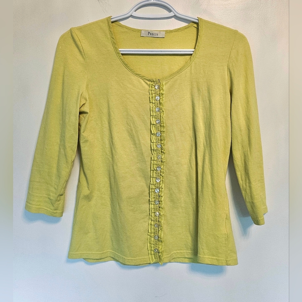 Precis Chartreuse 3/4 Sleeve Faux Hook And Eye Closure Scoop Neck Top